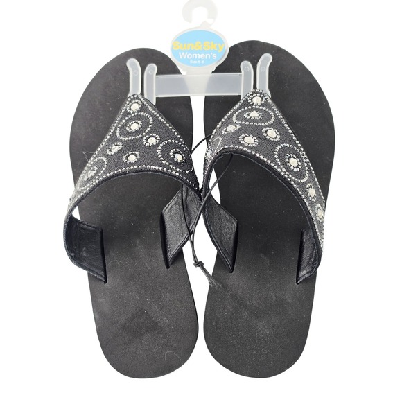 Sun & Sky Shoes - Sun & Sky Womens Black Wedge Flip Flops Beaded Rhinestone Thong Sandals Size 5-6
